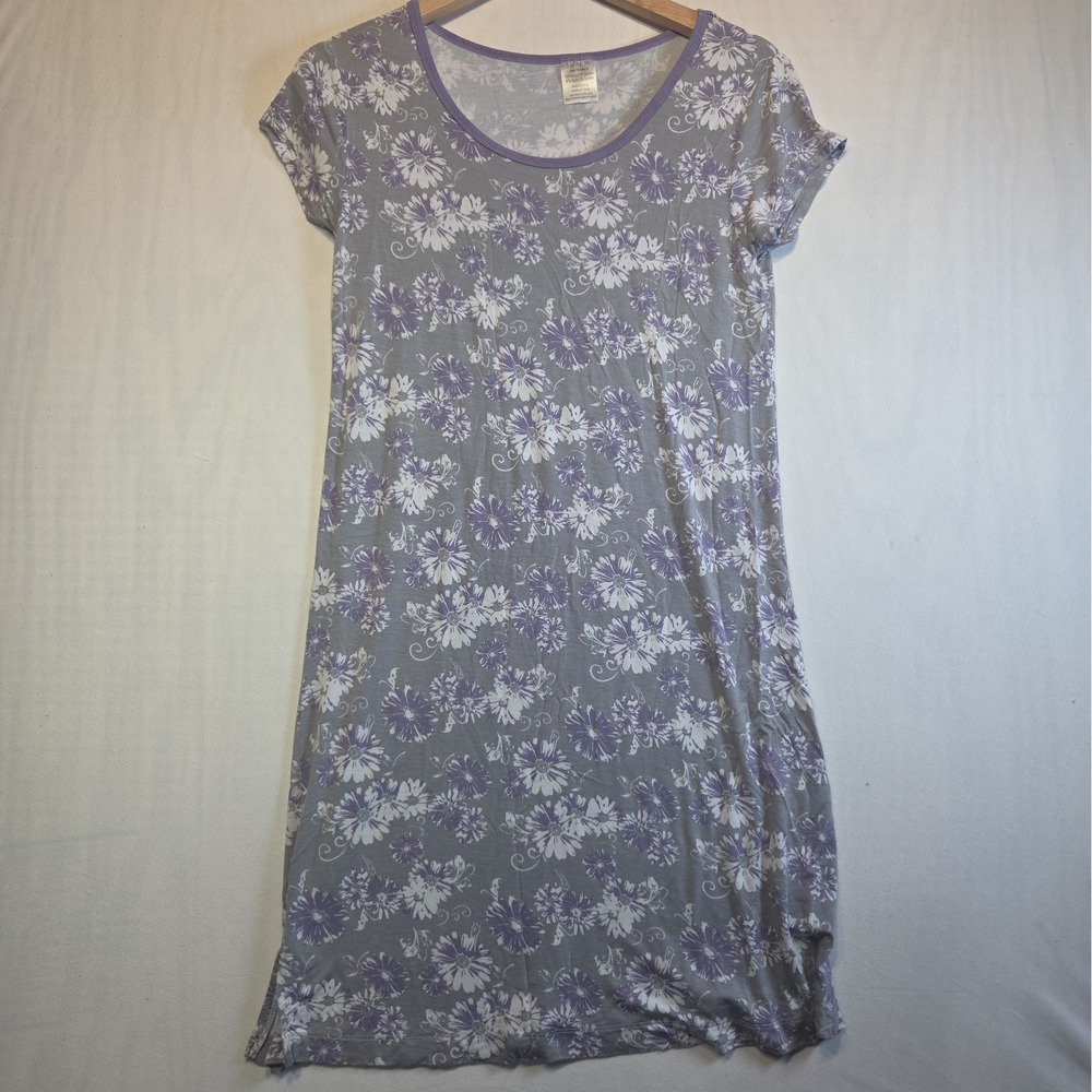 Serra Women's Small S Floral Nightgown Gray Purple Short Sleeve Soft Stretch